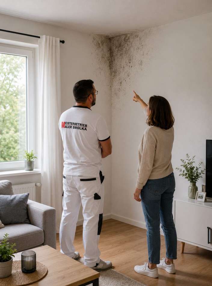 Beispielhafte Darstellung von Schimmelbefall an Wand und Decke in einem Wohnraum.